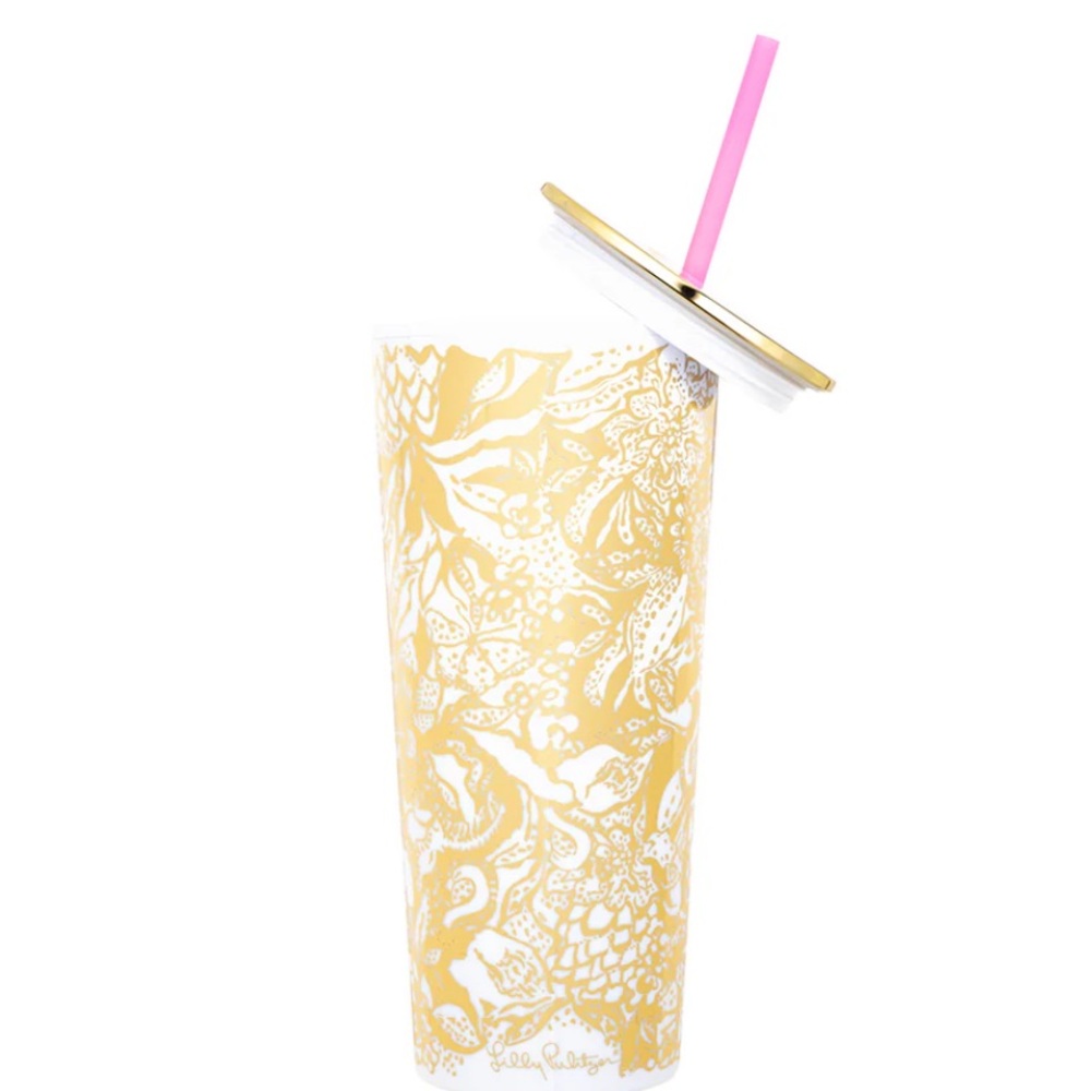 Lilly Pulitzer Gold Tumbler with Pink Straw
